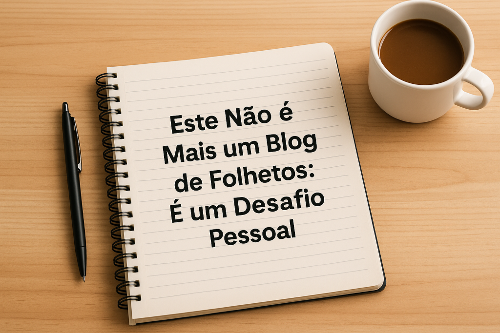 Caderno aberto com caneta e chávena de café sobre uma secretária — símbolo de projeto pessoal e planeamento
